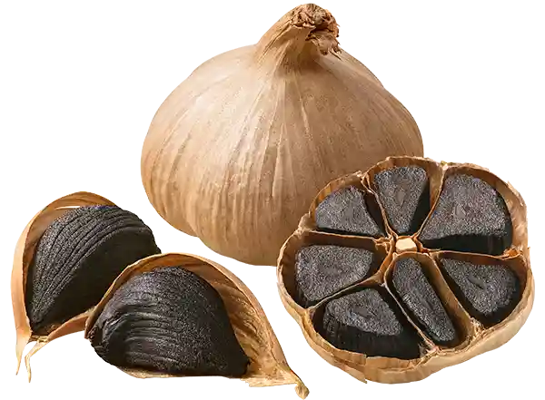 Black garlic, full  vegetable, cut in half and two single cloves