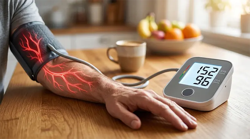 Blood pressure monitor and arm on a table