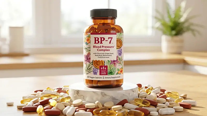 BP-7 bottle on a riser with generic pills surrounding it