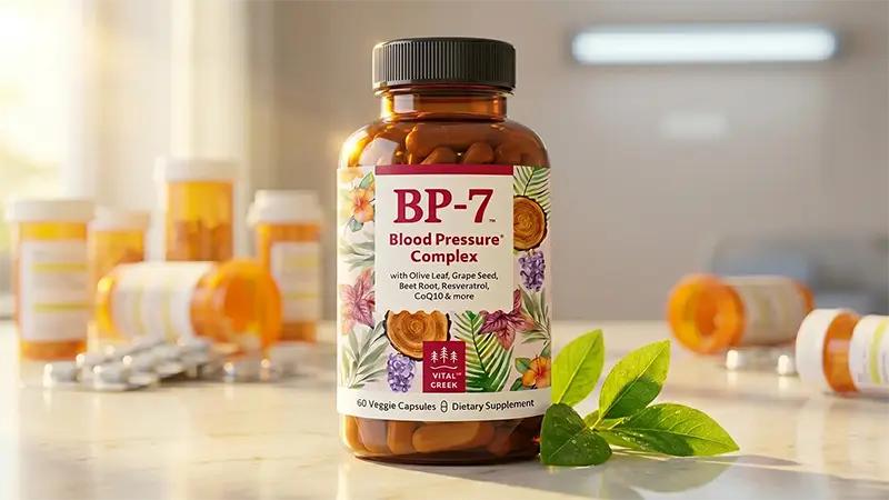 A BP-7 bottle on a countertop with herb leaves and generic prescription bottles in the background