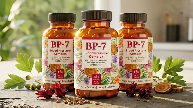 Three BP-7 bottles on a kitchen counter with some leaves and nuts
