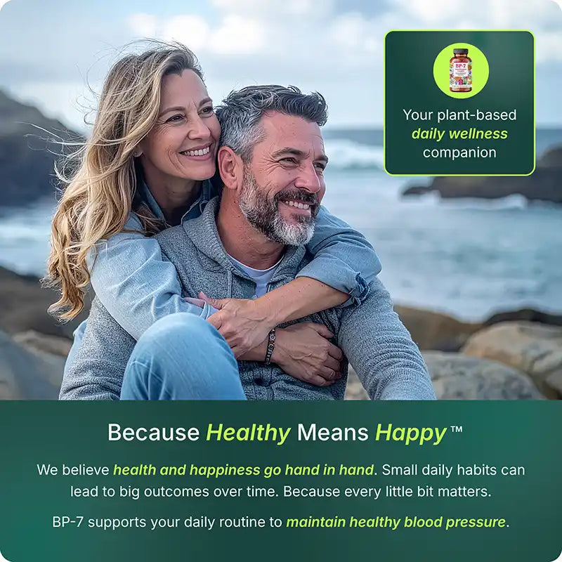 Happy couple hugging on beach, talks about BP-7's natural ingredients that can help support health routines.